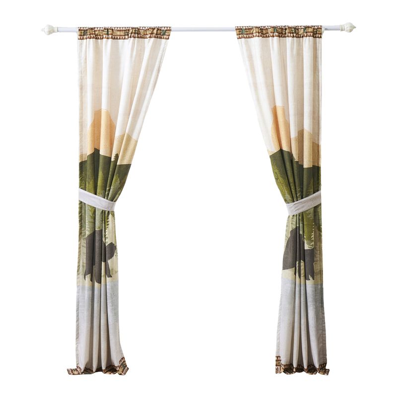 Kip 2 Panels Curtain Set, Microfiber, Green and Beige Mountain Scenery - Benzara
