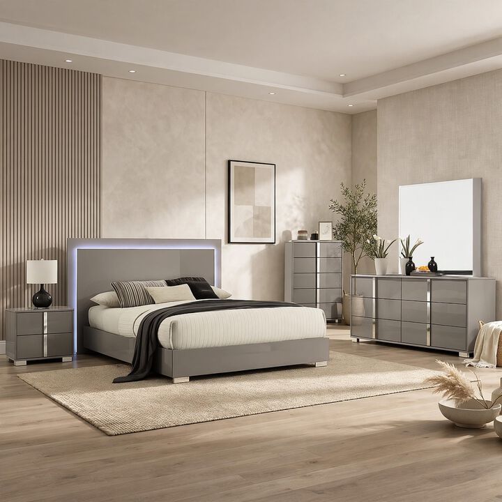 Suni 5pc Queen Bedroom Set w LED Headboard, Light Taupe Gray, Tall Dresser