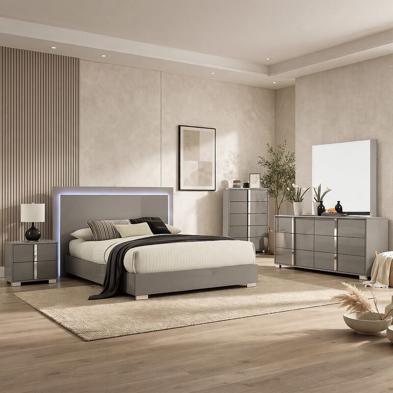 Suni 5pc Queen Bedroom Set w LED Headboard, Light Taupe Gray, Tall Dresser image number 1