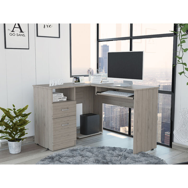 Streamdale Light Gray L-Shaped Desk with Keyboard Tray and Storage