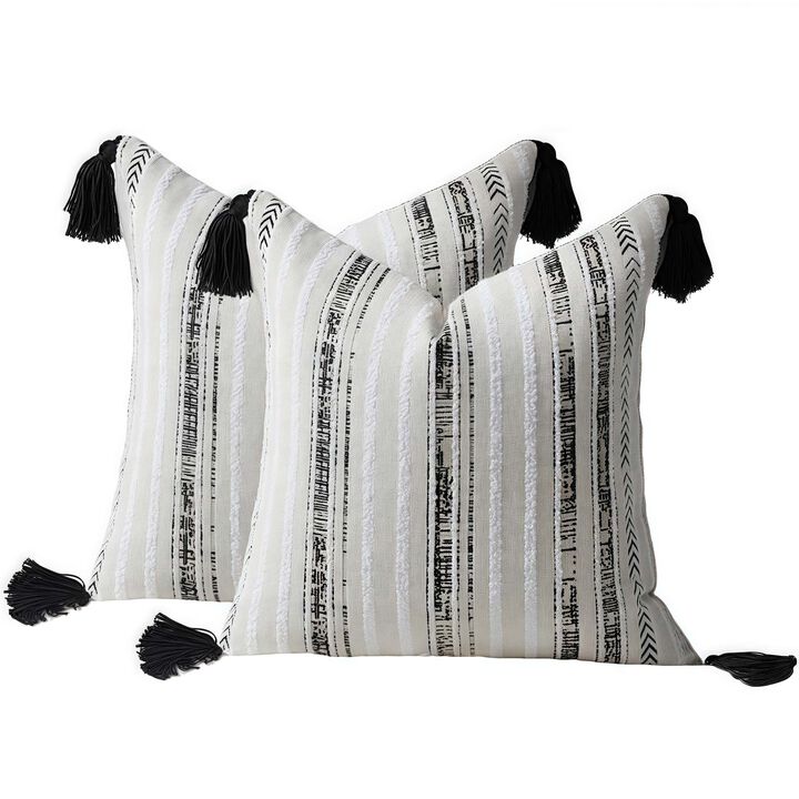 AAW Chenille Striped Jacquard Throw Pillow Cover with Tassels Set of 2