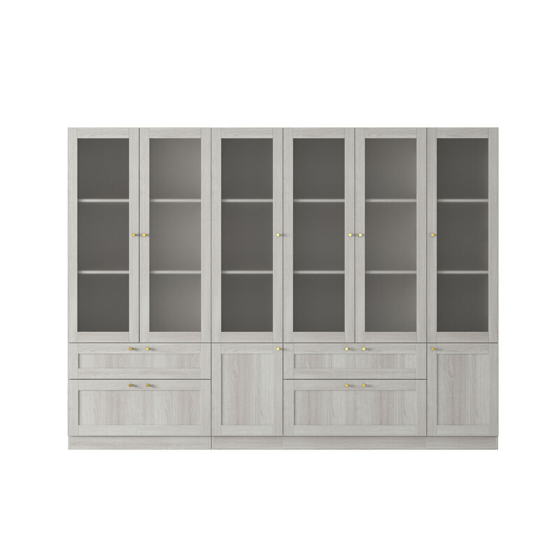 FUFU&GAGA Woodgrain Storage Cabinet with Frosted Glass Doors & Gold Handles, P2 Grade PB Construction, 4 Glass Cabinets, 2 Woodgrain Cabinets & 4 Drawers, Modern Space-Saving Organizer (110.2 x 31.5 x 78.7 in)