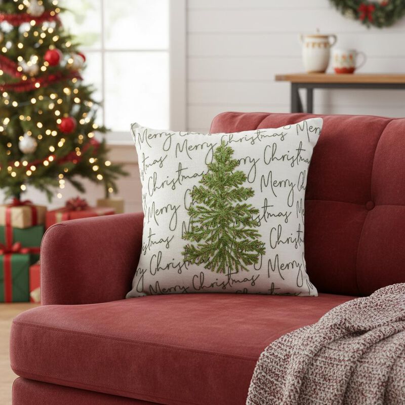 HomeRoots 18" White And Green Cotton Merry Christmas Throw Pillow With Embroidery image number 1