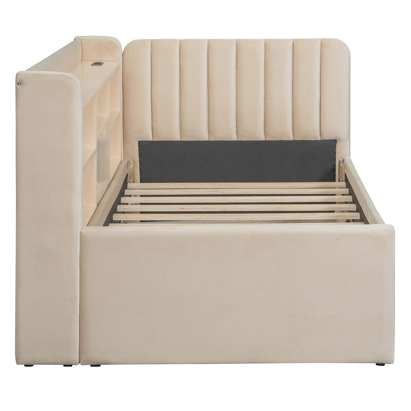 Merax Twin Size Upholstered Daybed with Pull-Up Trundle