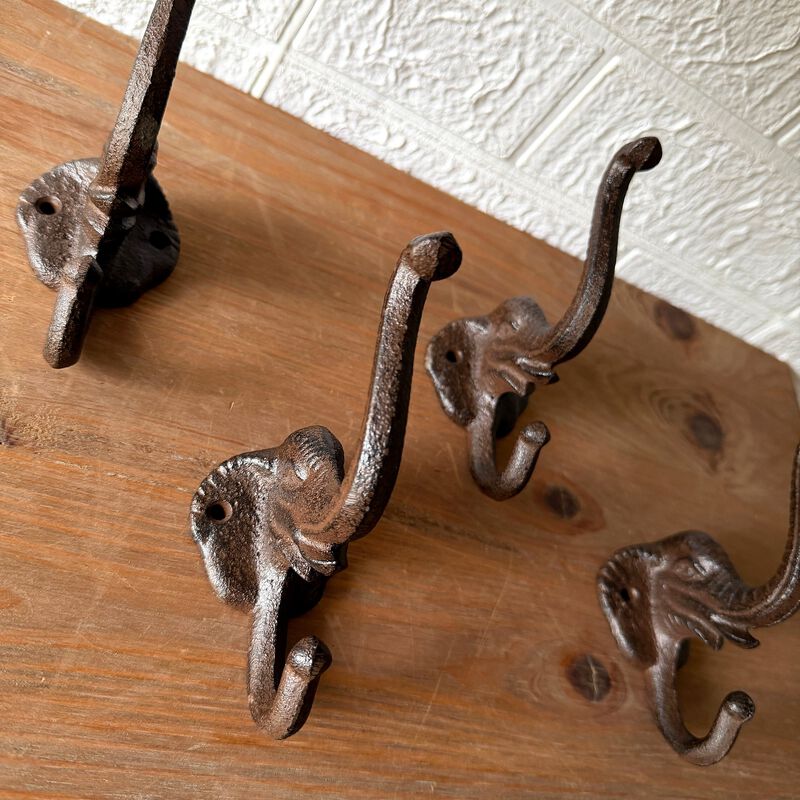 Set Of 4 Elephant Wall Hooks Rustic Cast Iron Brown 5 In Decorative image number 5