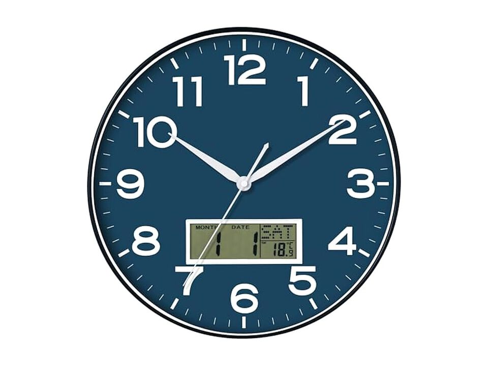 LCD Display Perpetual Calendar Temperature Wall Clock 12 Inch Silent Non Ticking