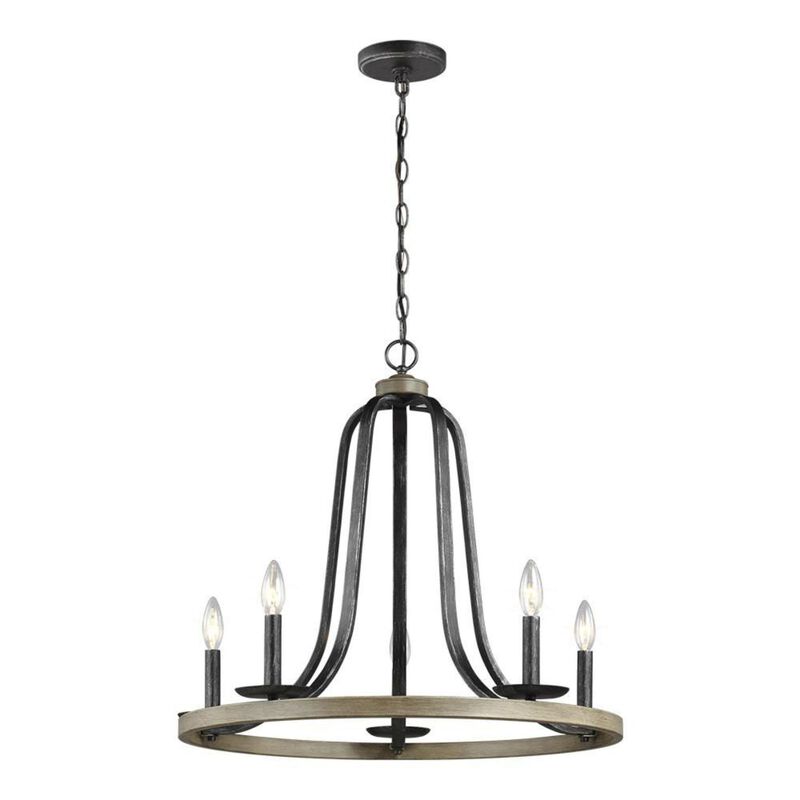 Hivvago Rustic 5 Light Dimmable Farm Home Circle Metal Chandelier Oak Finish