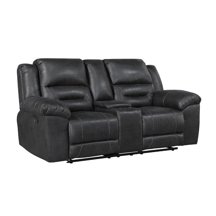 Henry Manual Double Reclining Loveseat w Console, Black Microfiber - Benzara