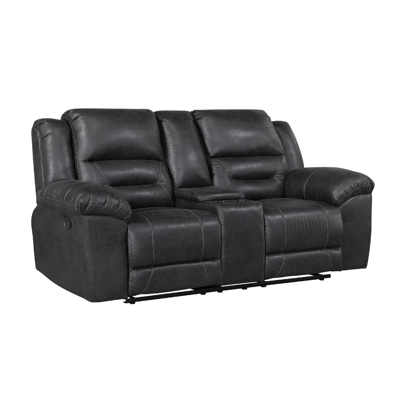 Henry Manual Double Reclining Loveseat w Console, Black Microfiber - Benzara