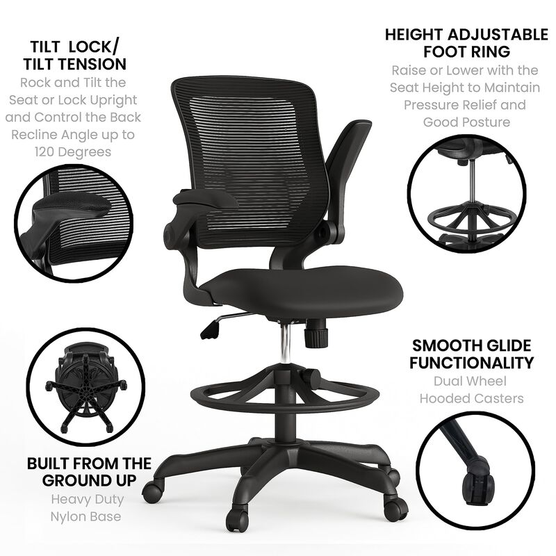 Flash Furniture Kale Mid-Back Swivel Office Chair with Adjustable Foot Ring, Lumbar Support, and Seat Height, Ergonomic Mesh Executive Chair with Armrests, Black