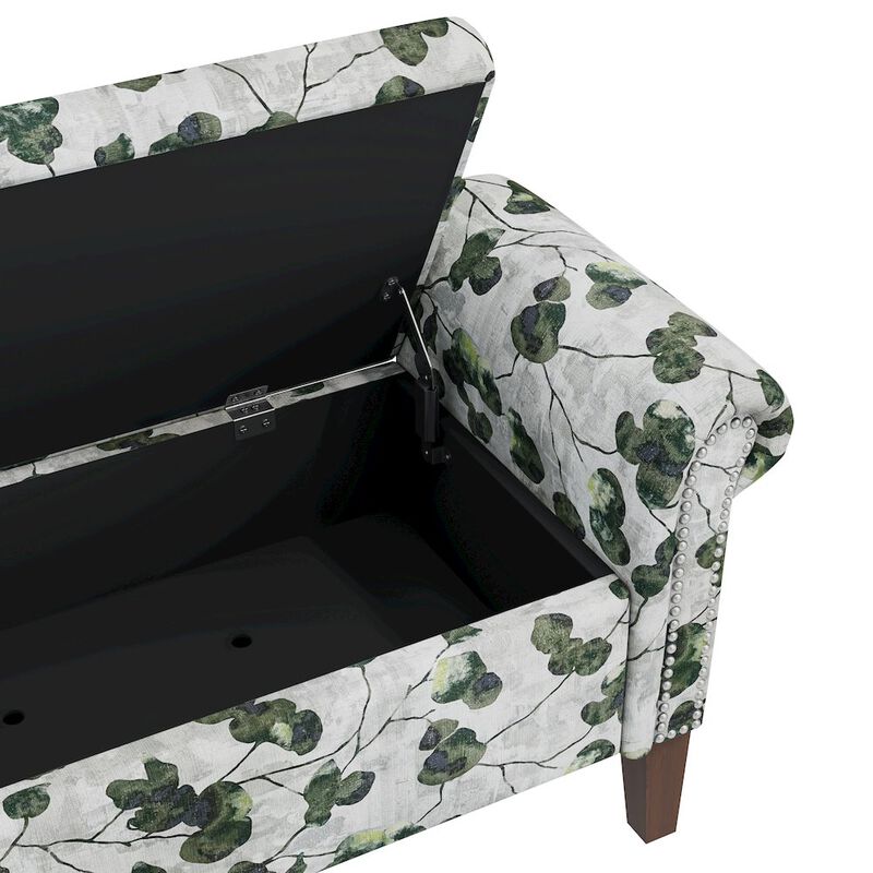 HL Home Furnishings Rolled Arm Storage Ottoman in Green Floral Bonsai