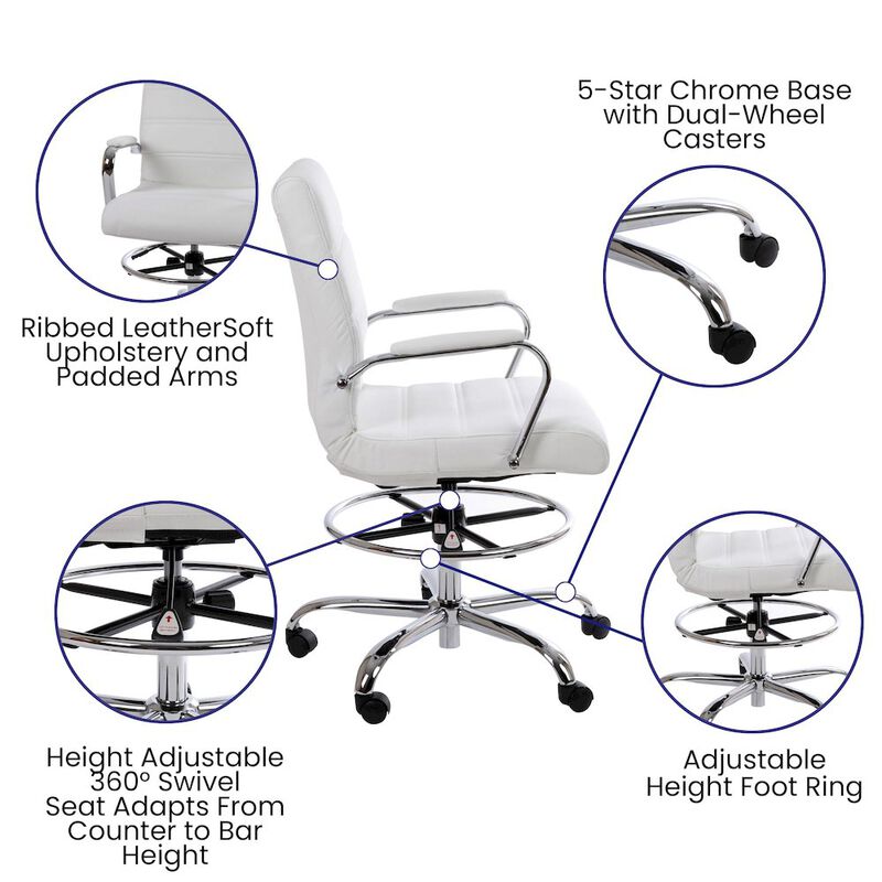 Flash Furniture Mid-Back White Drafting Chair with Adjustable Foot Ring and Chrome Base image number 1