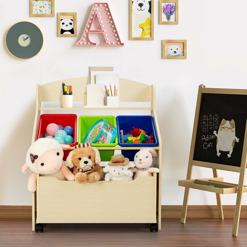 Children&rsquo;s Rolling Toy Storage Unit with Wooden Frame and Plastic Bins