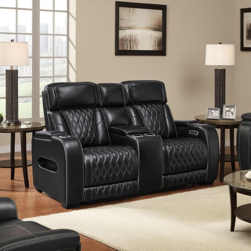Boyin Power Recliner Loveseat, Black Faux Leather, USB Port, 75 Inch - Benzara