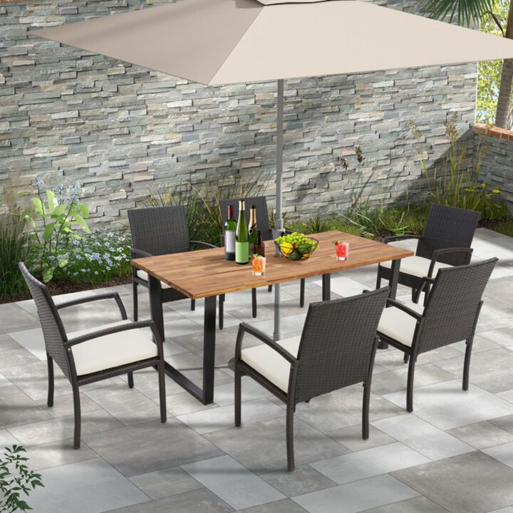 Mondawe 7Pcs Outdoor Rattan Patio Dining Set With Removable Cushions & Umbrella Hole,Rustproof Frame