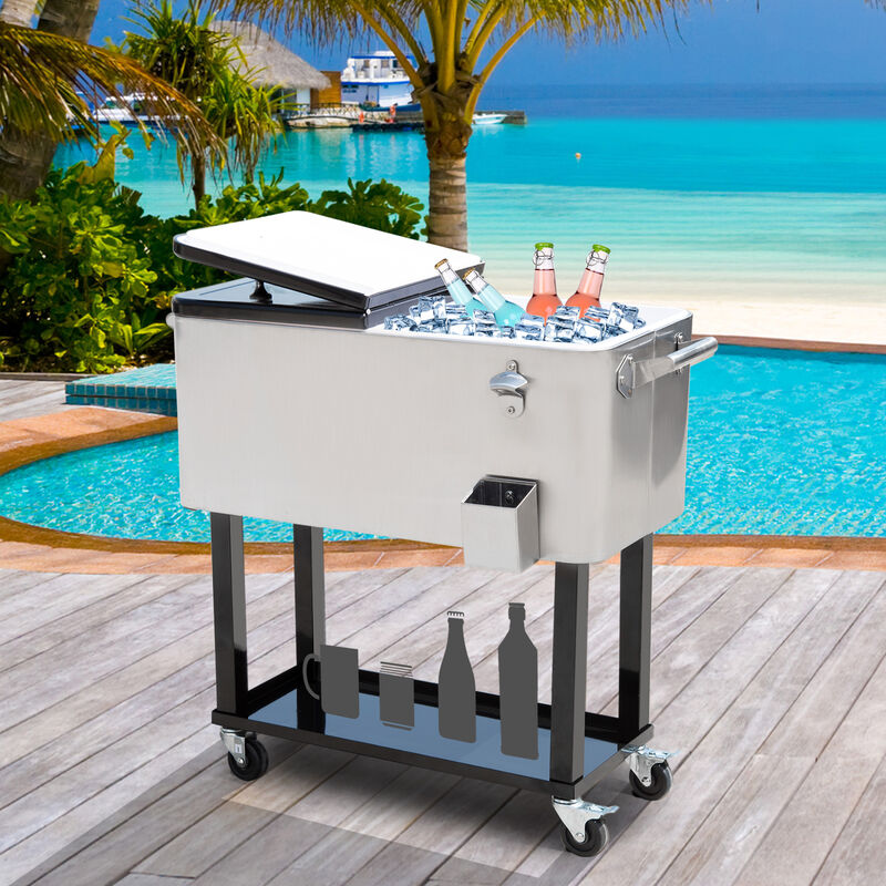 Outsunny 80 QT Rolling Cooling Bins Ice Chest on Wheels Outdoor Stand Up Drink Cooler Cart for Party, Stainless Steel