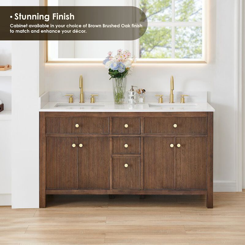 Altair-12 Double Bathroom Vanity in Brown Oak Grain White Engineered Stone Countertop