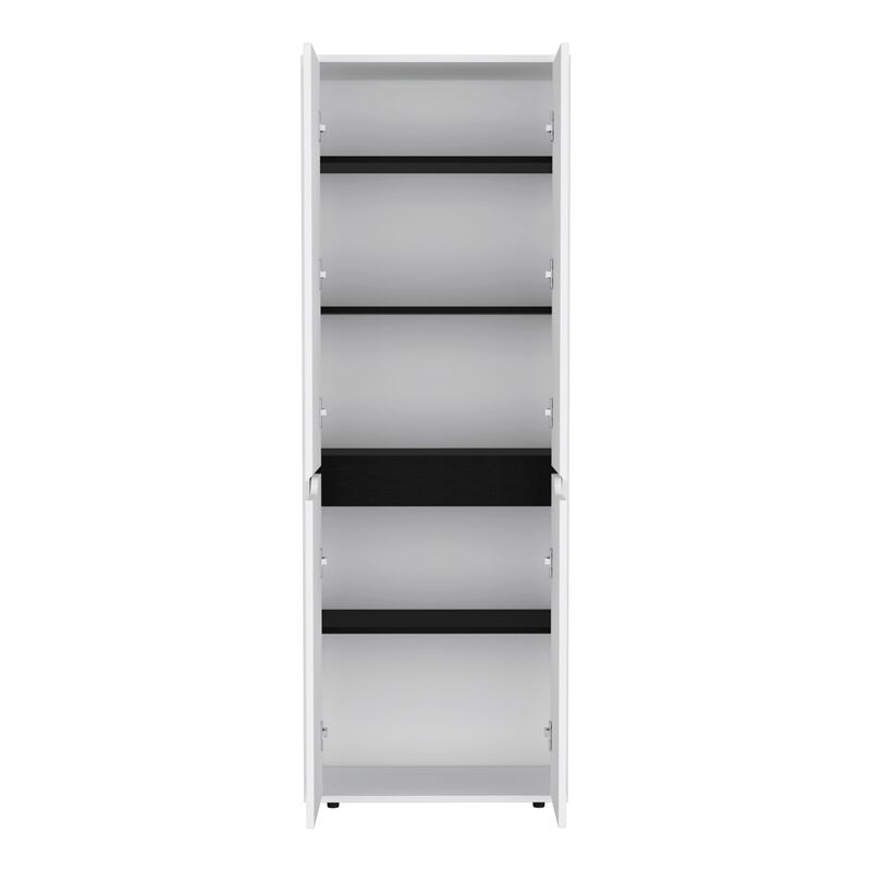 Kitchen Storage Cabinet 67"H, Four Doors, Five Interior Shelves, White/Black