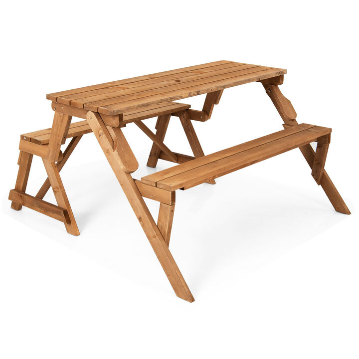 2-in-1 Transforming Interchangeable Wooden Picnic Table Bench with Umbrella Hole-Dark Brown