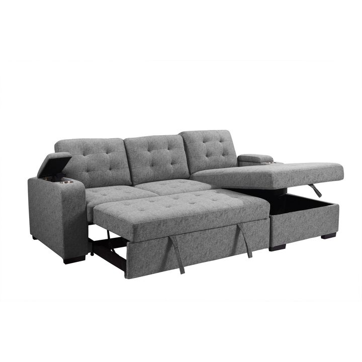 120 Inch Sleeper Sectional Sofa Bed with Storage, Modern Tufted Gray Fabric - Benzara