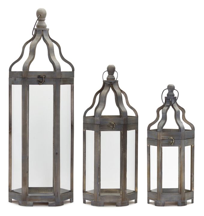 HouzBling Lantern (Set of 3) 19.5"H, 25"H, 36"H Wood/Iron