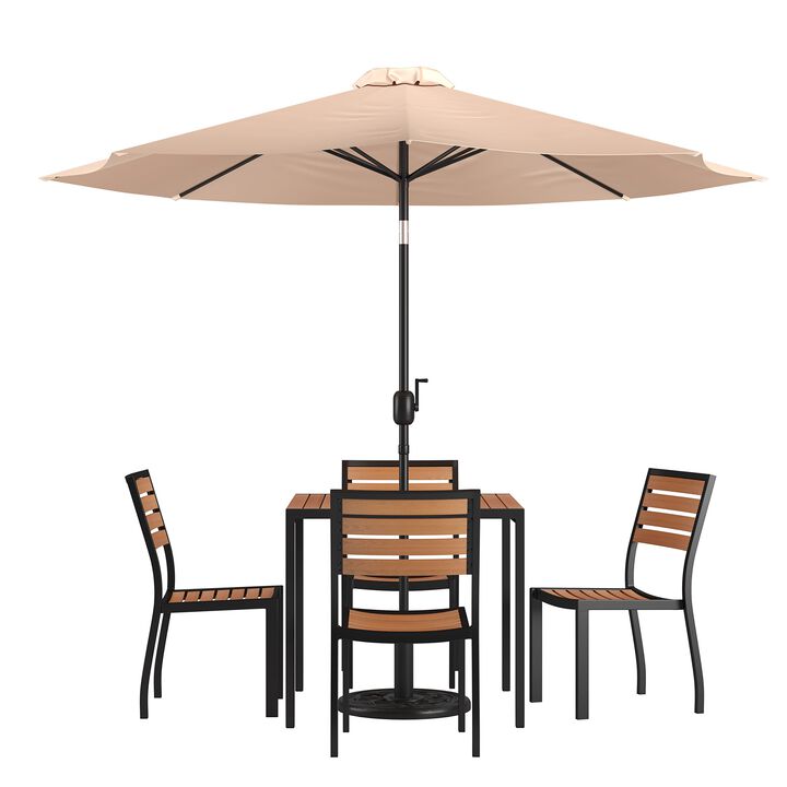 Flash Furniture 7 Piece Patio Table Set - 4 Synthetic Stackable Faux Teak Chairs - 35" Square Faux Teak Table - Tan Umbrella with Base