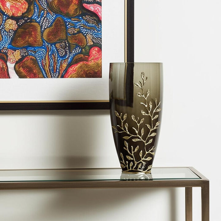HomeRoots 15" Dark Olive Green And Gold Branch Patterned Glass And Aluminum Table Vase