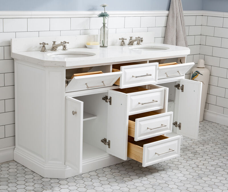 Palace 60 In. Double Sink Carrara Quartz Countertop Bath Vanity in Pure White with Polished Nickel (PVD) Hardware
