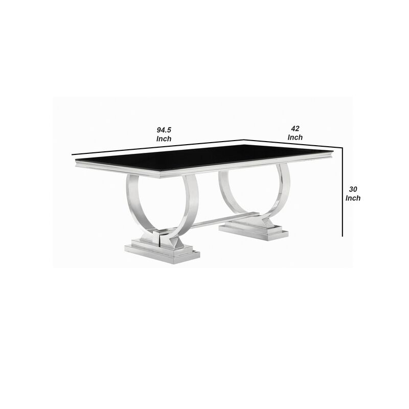 Dining Table with Glass Top and Trestle Base, Black and Chrome - Benzara image number 4
