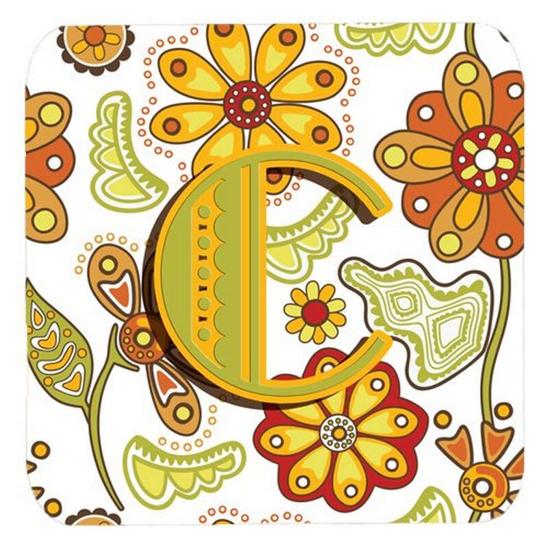 Caroline's Treasures CJ2003-CFC Letter C Floral Mustard and Green Foam Coasters (Set of 4), 3.5, Multicolor