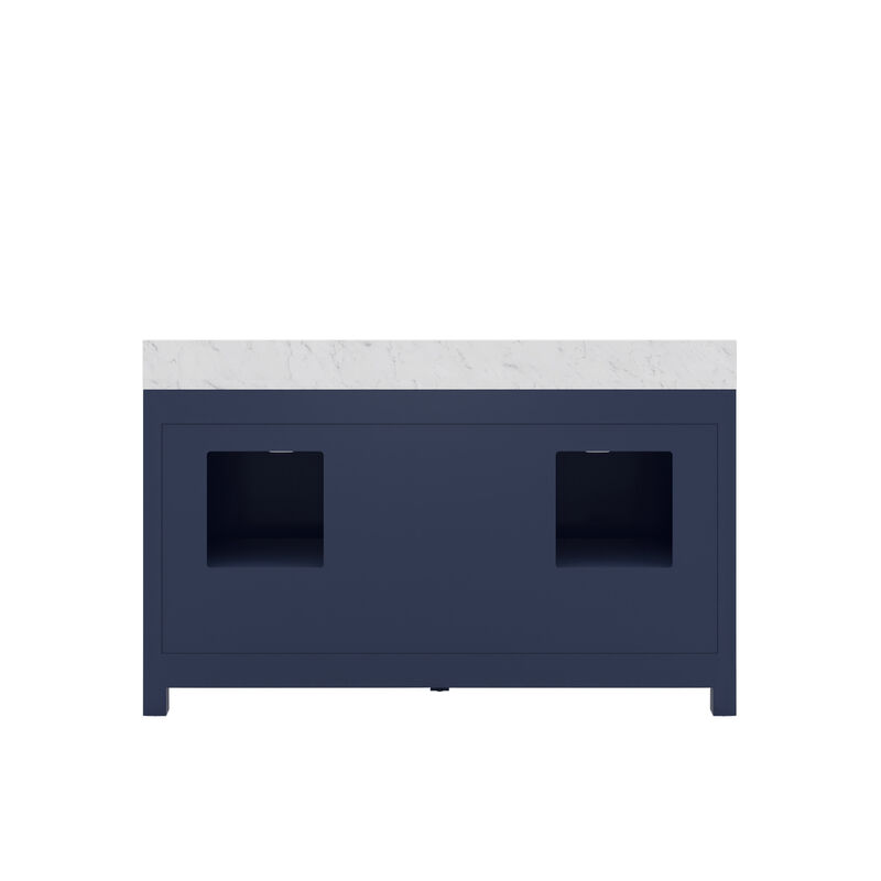 Madison 60 In. Double Sink Carrara White Marble Countertop Bath Vanity In Monarch Blue with Satin Gold Hardware