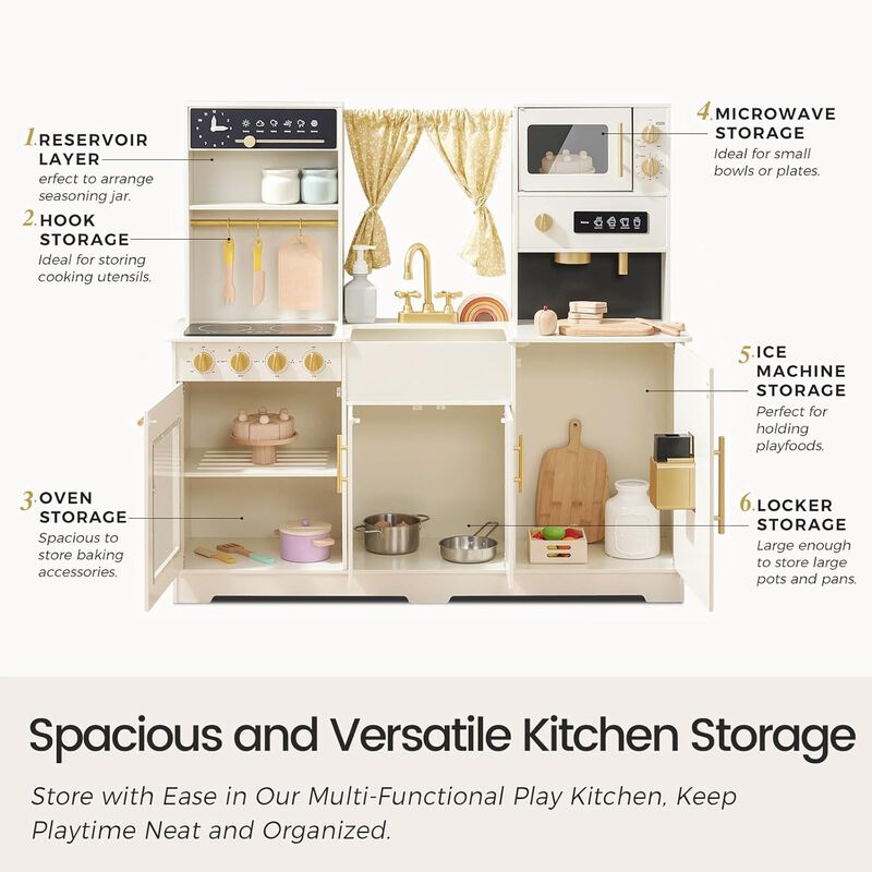 Play Kitchen for Kids - Interactive Wooden Kitchen with Coffee Maker & Microwave, Modern Home Design with Fabric Curtains, Pretend Play Toy image number 6
