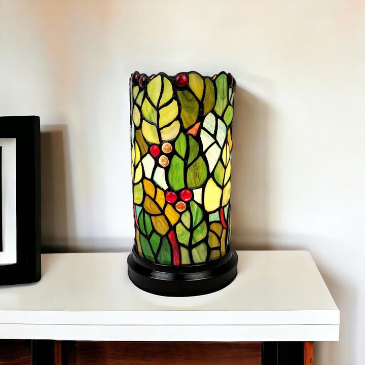 Hivvago 11" Green and Red Leaves and Berries Stained Glass Accent Lamp