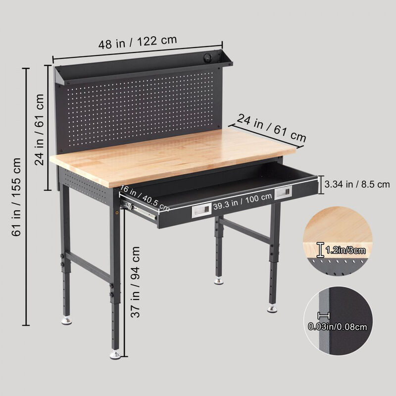 Heavy Duty Garage Workbench with Hardwood Top, Adjustable Height, Steel Frame and 30 Hooks-Black image number 2