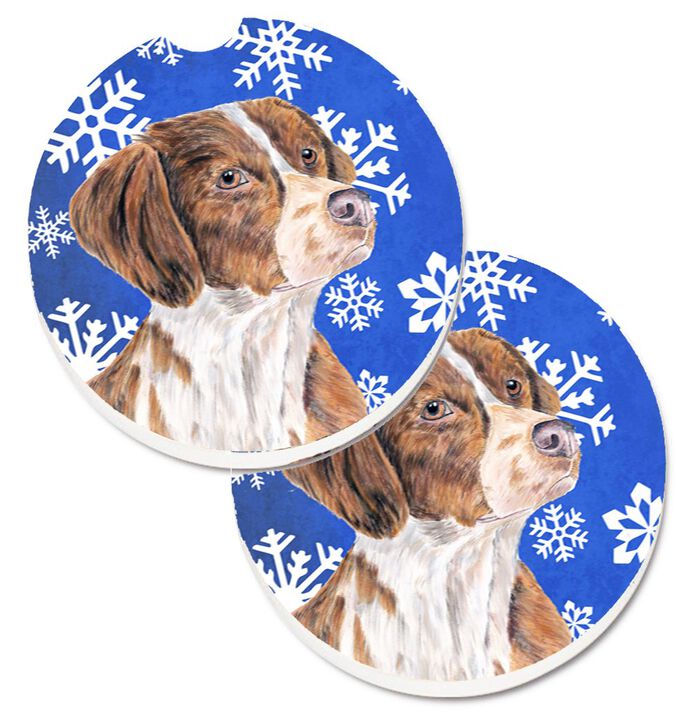 Caroline's Treasures Brittany Winter Snowflakes Holiday Set of 2 Cup Holder Car Coasters SC9389CARC, 2.56, Multicolor
