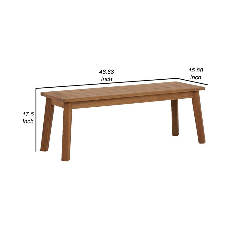 47 Inch Rectangular Bench, Natural Acacia Wood, Slatted Seat, Angled Legs - Benzara