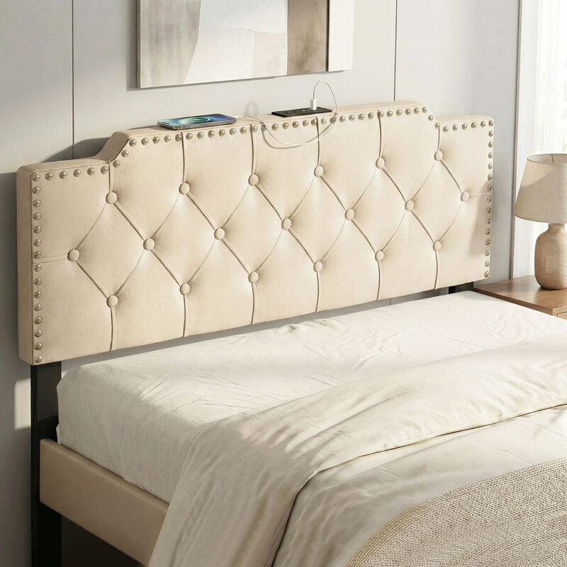 Queen Full Size Upholstered Headboard with Vertical Quilted Linen Fabric image number 5