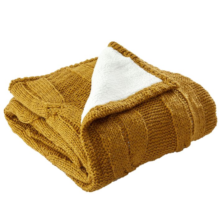 Lois 50 x 60 Throw Blanket Cable Knit and Sherpa, Acrylic