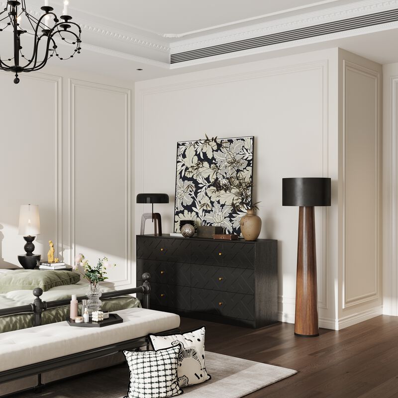 FUFU&GAGA Black 6-Drawer Storage Cabinet with Embossed Texture, Gold Tapered Pulls and Textured Finish, 63" W x 15" D x 32.3" H