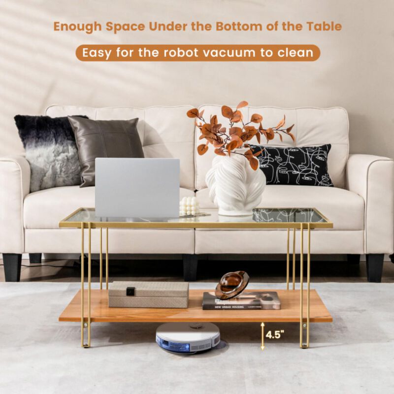 Hivvago 2 Tiers Rectangle Glass Coffee Table with White and Gold Steel Frame-Golden