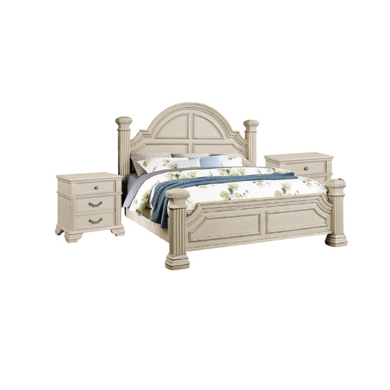 3pc King Bedroom Set, Antique White Wood, 2 Nightstands image number 0