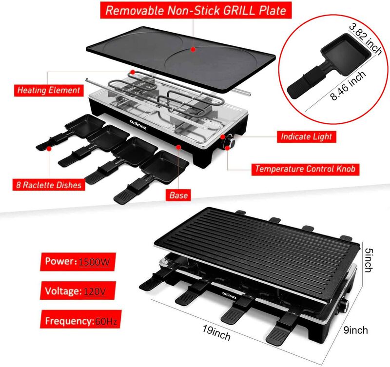 Cusimax 2-in-1 Electric Raclette Grill, Indoor Portable Electric BBQ Grill, Reversible Non-stick Plate, Crepe Maker with Temperature Control image number 2