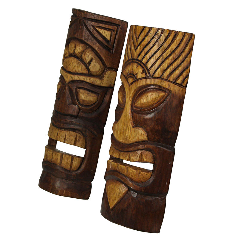 12 Inch Natural Wood Hand Carved Tiki Mask Wall Art Tropical Beach Home Set of 2 image number 2