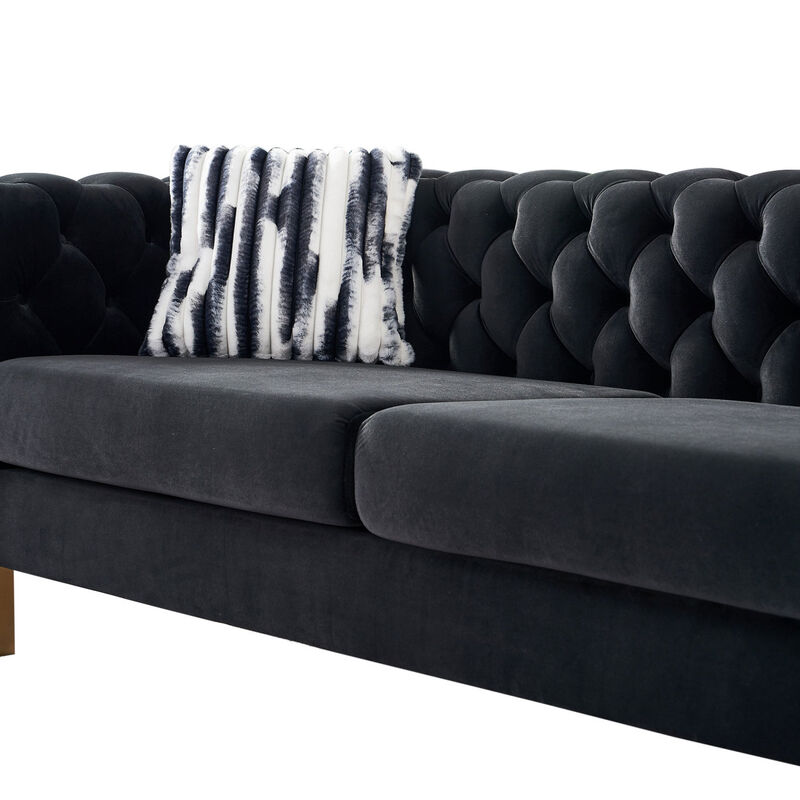 Chesterfield Modern Tufted Velvet Living Room Sofa, 84.25" W Couch, Black image number 9