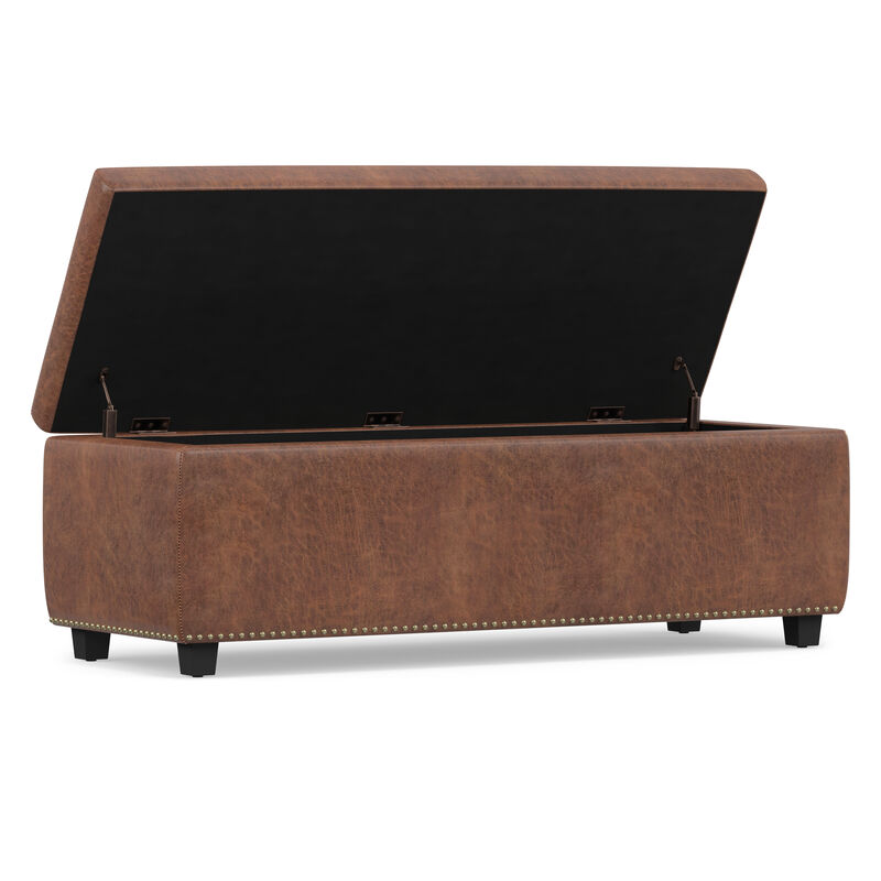 Hamilton 48 inch Wide Transitional Rectangle Storage Ottoman in Distressed Umber Brown Vegan Faux Leather, Assembled image number 2