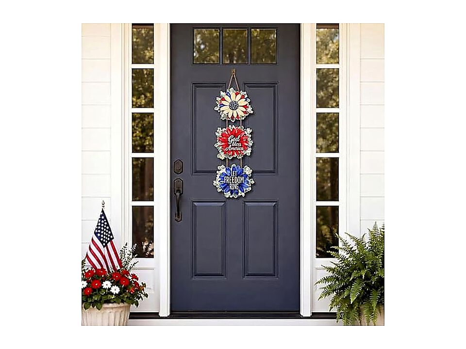 4th July Decor Front Door Patriotic Floral Wreath Hanging Wood Red White Blue
