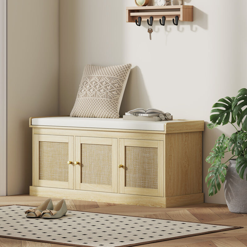 Hivvago Entryway Shoe Bench with Woven Doors and Shelves image number 1