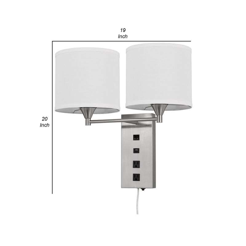 Rexi Modern Metal Wall Lamp, 2 Shades, USB, 2 Power Outlets, White, Silver-Benzara image number 5