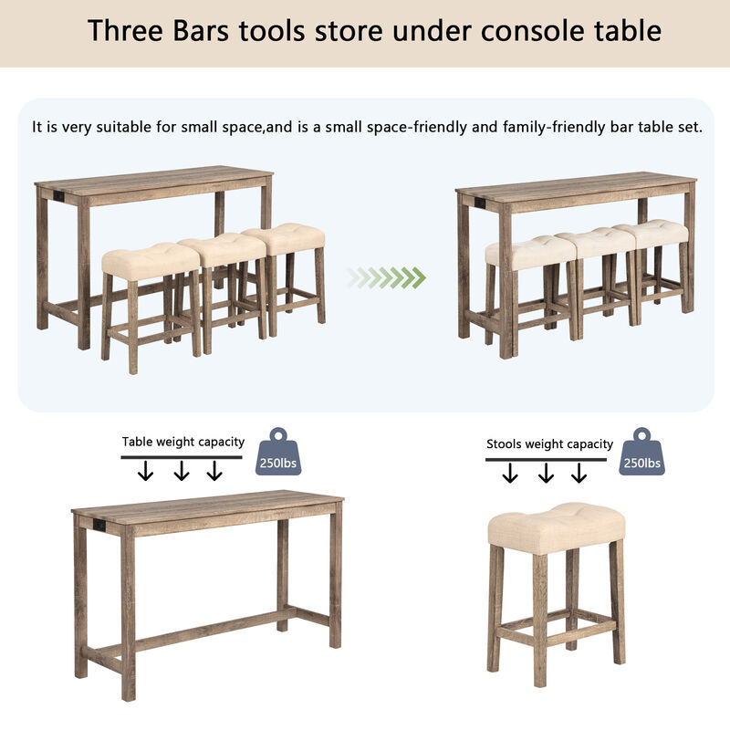 Merax Wooden Bar Table & Stool Set with USB/Type-C Ports - 3-Piece Rustic image number 4