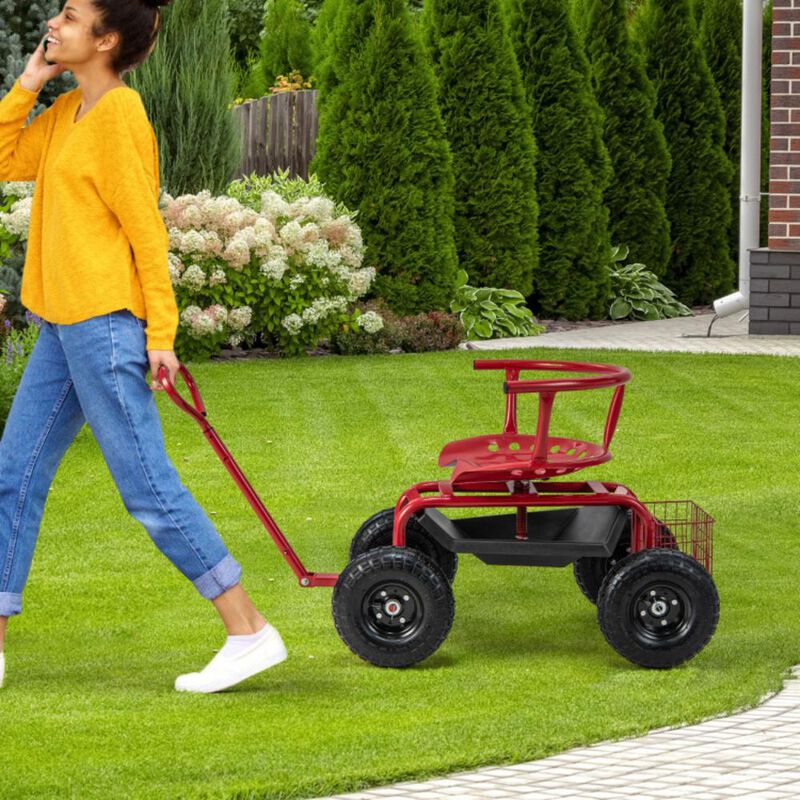 Hivvago Cushioned Rolling Garden Cart Scooter with Storage Basket and Tool Pouch